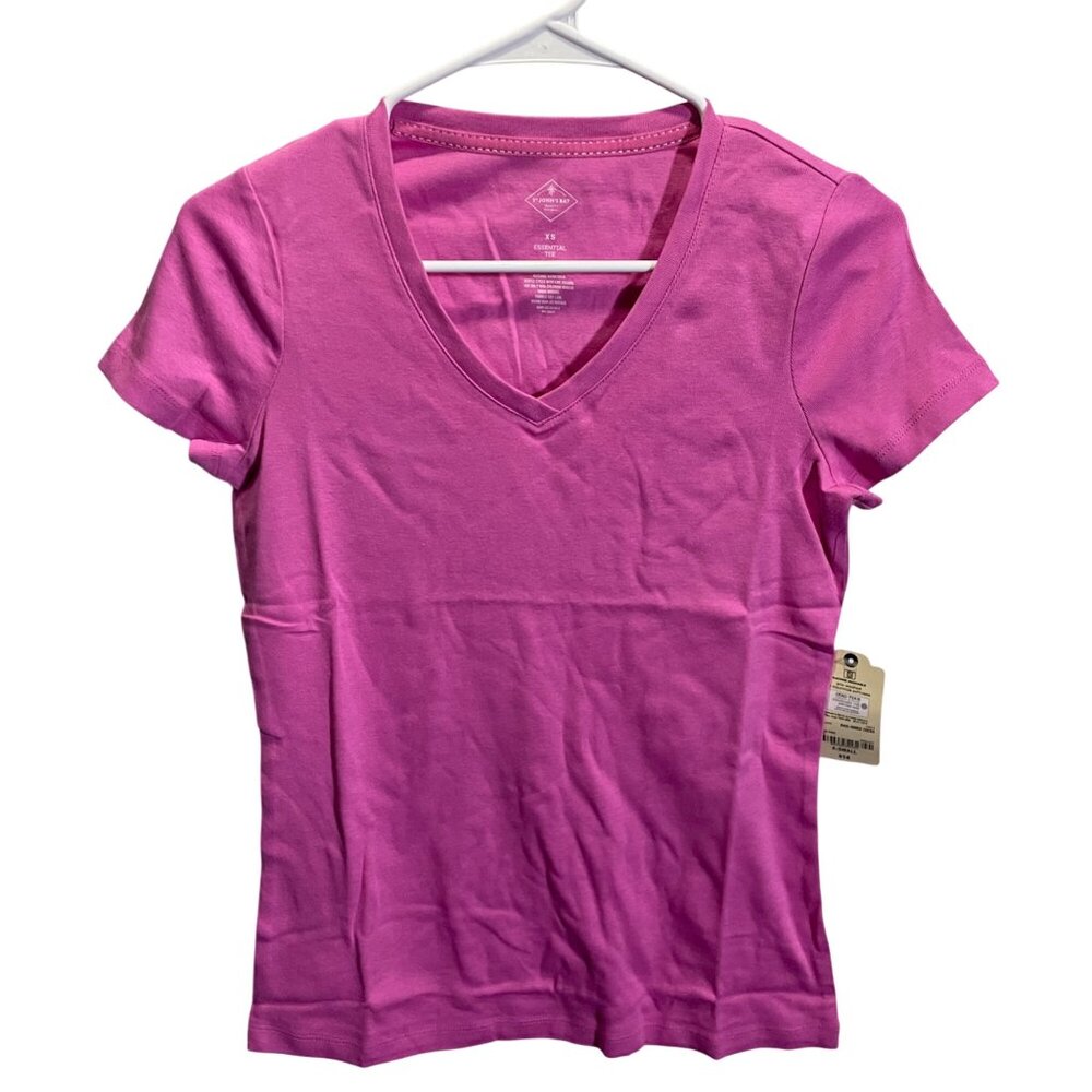 St Johns Bay Essential‎ V-Neck XS Super Pink Cotton Tee Shirt